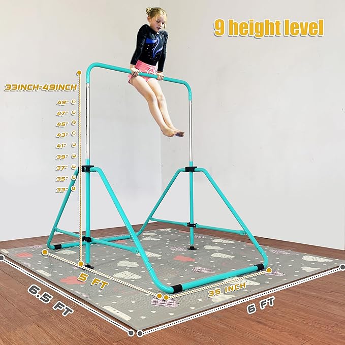 MARFULA Foldable Gymnastic Bar for Kids Ages 3-9, 9 Height Levels, 200 lbs Weight Capacity, 5 Ft Length Gymnastic Kip Bar with Mat, Gymnastic Equipment for Home and Gym Center Indoor Outdoor Use