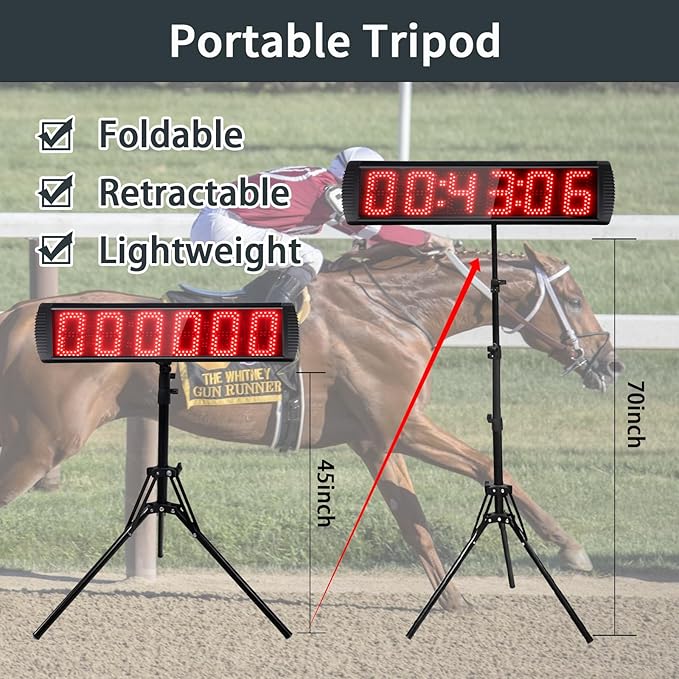 Portable 5'' High 6 Digits LED Race Clock with Tripod for Running Events, Countdown/up Digital Race Timer, 12/24-Hour Clock,LED Stopwatch by Remote Control