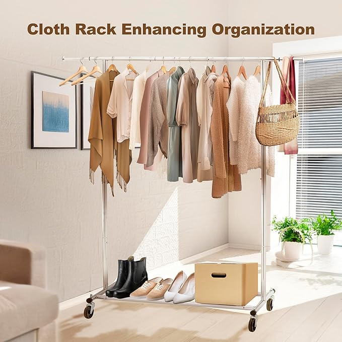ikloo Heavy Duty Clothes Rack with Wheels load 130 LBS, Metal Rolling Clothing Rack with Extendable Rod & Bottom Shelf, Portable Closet Organizer, Storage for Hanging Clothes, Chrome