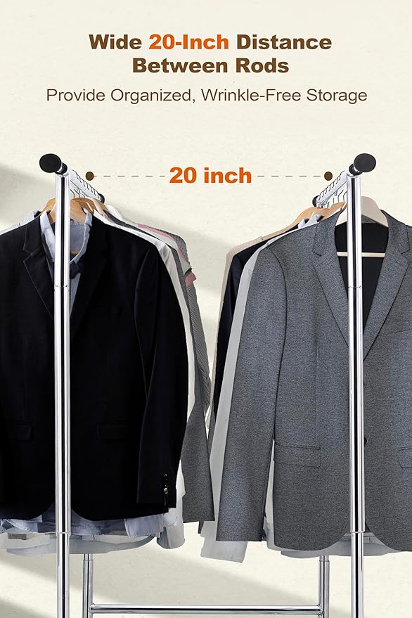 ikloo Double Rods Adjustable Clothes Rack Load 650 LBS, Heavy Duty Metal Clothing Rack with Wheels & Shelves, Portable Closet Organizer for hanging clothes, Rolling Clothes Drying Rack, Chrome