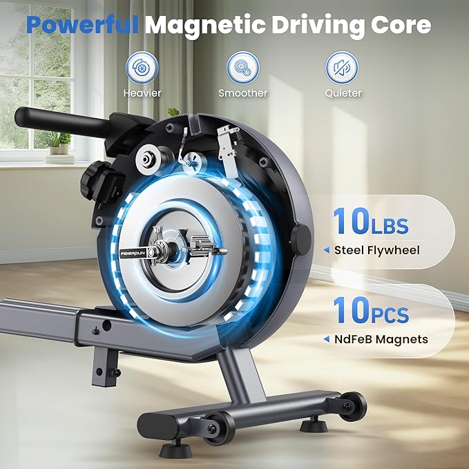 FEIERDUN Rower Machine, Compact Rowing Machines for Home with 350LBS Loading Capacity, Magetic Rower Machine for Home with APP, Row Machine with Dual Slide Rail