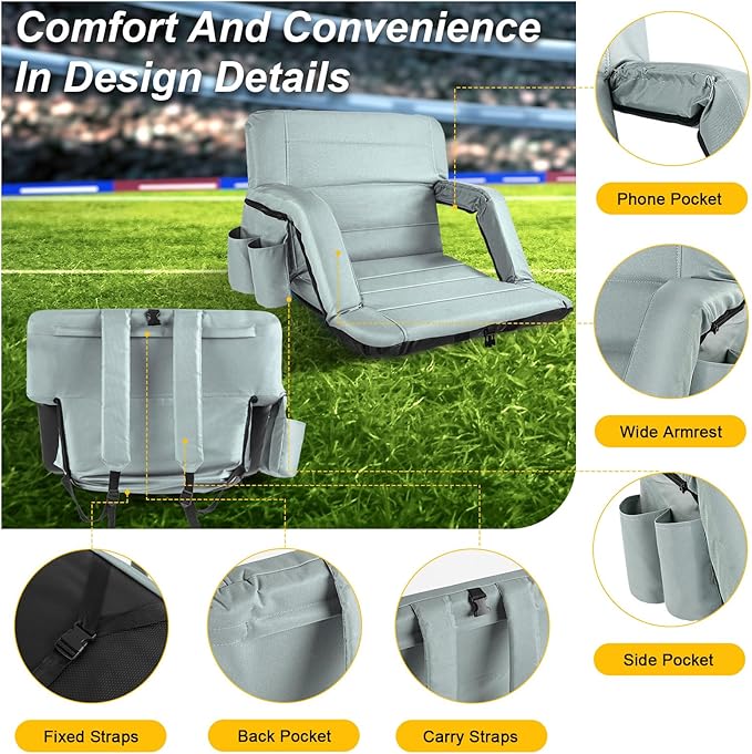 Stadium Seats with Back Support 2 Pack Wide, Exclusive Bleacher Chairs with Back and Cushion Folding Stadium Chairs, 6 Reclining Positions Waterproof Bleacher Seats (Wide|22.5" Grey)