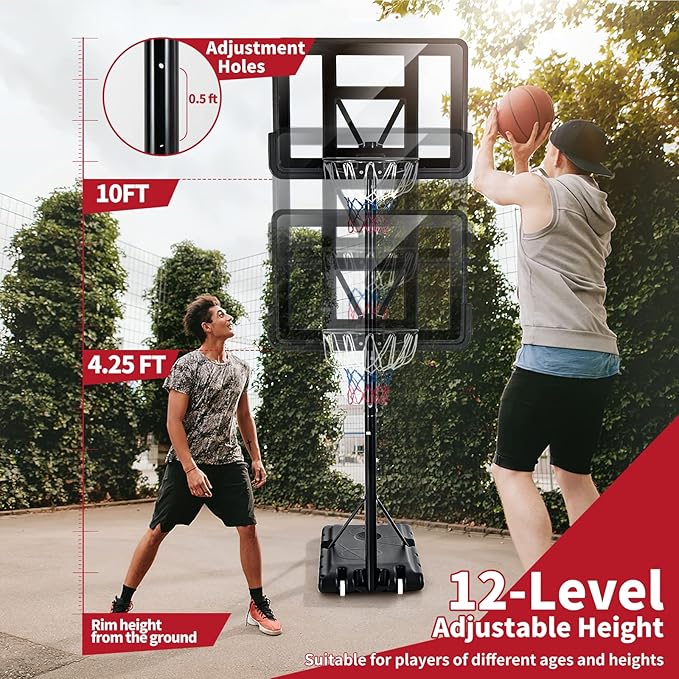 Giantex Portable Basketball Hoop Outdoor - 4.25-10ft Height Adjustable Basketball Goal System w/ 43.5" Backboard, Sandbag, Fillable Base, Basketball Hoop Indoor for Adults, Backyard, Driveway