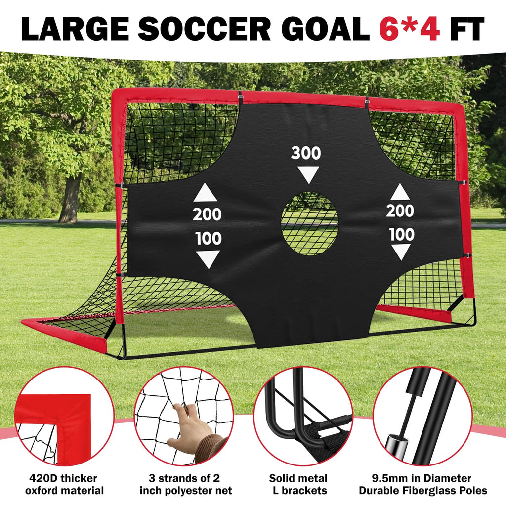 Fololicx Red Soccer Goals for Backyard, 2 of 6x4ft Kids Soccer Net Training Equipment, Portable Pop Up Toddler Soccer Goal with Soccer Ball, Scoring Target Cloth, and Cones - Fun Youth Outdoor Games