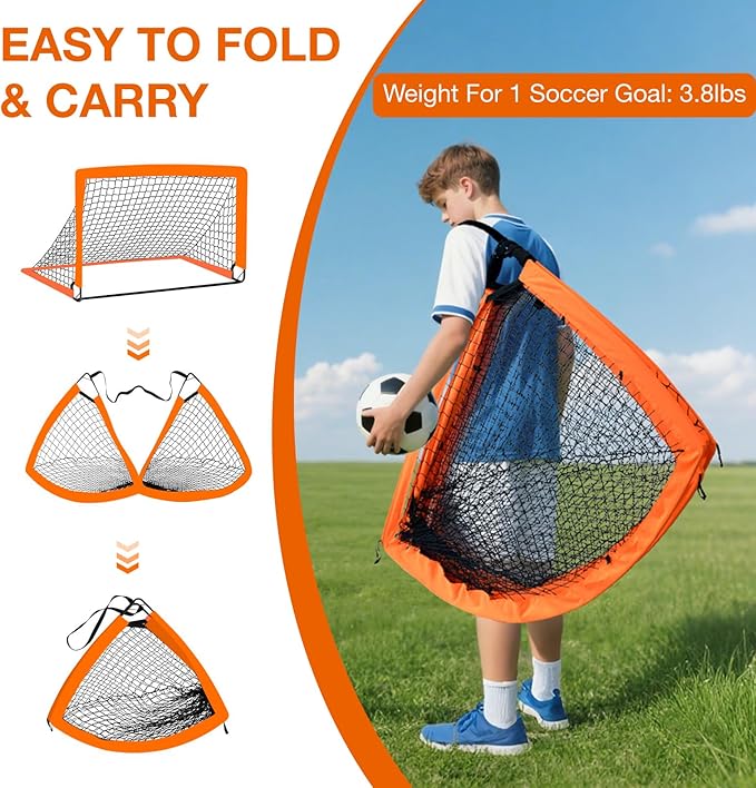 Kids Soccer Goals for Backyard Set, 2 of 6x4 ft Portable Soccer Goal Training Equipment Soccer Set for Age 3+ Kids and Youth Games, Sports Children Toys