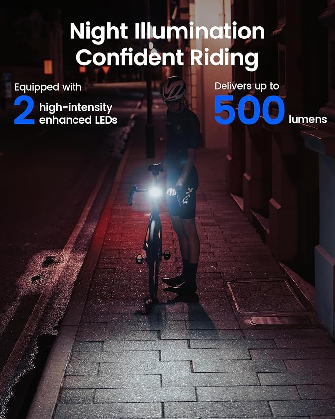 RAVEMEN FR500 Bike Front Light for Night Daytime Riding, Compatible with Garmin/Wahoo Computers, 6 Modes, Auto On/Off, Side Visible, USB-C Rechargeable & Output Bicycle Headlight for Road Urban Biking