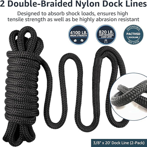 2 Pack 3/8" x 20' Dock Lines - Marine Grade Nylon Boat Rope with 12" Loop for Docking and Mooring - Double Braided Boat Lines, High Strength, Easy Handling, Fray Resistant - Black