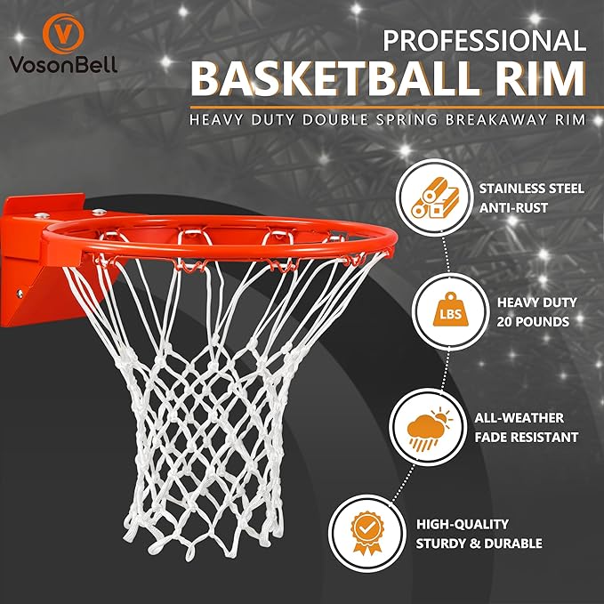 Basketball Rim Replacement, Heavy Duty Breakaway Rim and Net, Universal 18" Professional Double-Spring Solid Steel Backboard Rims Fits In-Ground and Wall-Mounted Basketball Hoops Indoor Outdoor