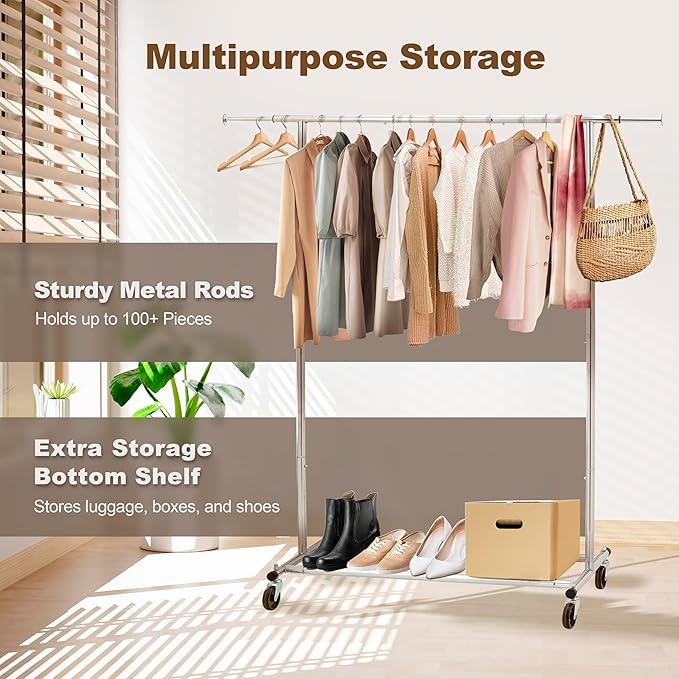 ikloo Heavy Duty Clothes Rack with Wheels load 130 LBS, Metal Rolling Clothing Rack with Extendable Rod & Bottom Shelf, Portable Closet Organizer, Storage for Hanging Clothes, Chrome