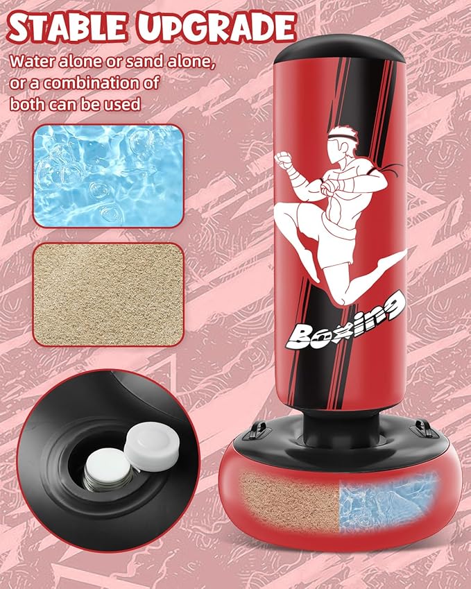 66 Inch Inflatable Kids Punching Bag with Boxing Gloves, Freestanding Boxing Bag, Stand Kids Punching Bag Toy, Bounce-Back Bag Gifts for Kids, Girls, Boxing Set for Practicing Karate, Taekwondo, MMA