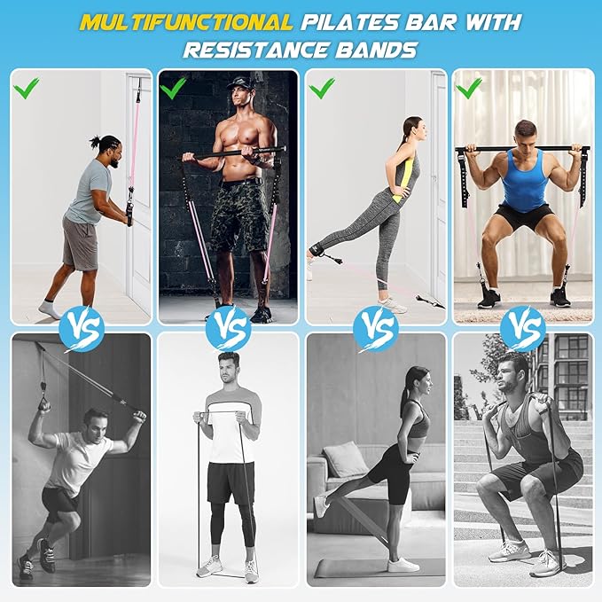 Pilates Bar Kit with Resistance Bands, Multifunctional Yoga Pilates Bar with Heavy-Duty Metal Adjustment Buckle, Portable Home Gym Pilates Resistance Bar Kit for Women Full Body Workouts