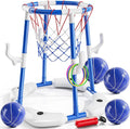 Pool Basketball Hoop, 2-in-1 Floating Pool Toys Ring Game with 4 Balls and Pump, Outdoor Swimming Pool Basketball Games Water Play Toy Family Party for Kids Adults Age 3-12 (Blue)