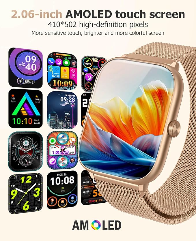 2025 Smart Watches for Women with Blood Pressure Monitor, 2.06" AMOLED Display, IP68 Waterproof Fitness Tracker, 118 Sports Modes, Heart Rate/SpO2/Sleep Monitor, Compatible with Android iPhone