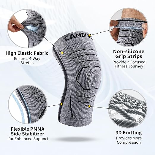 CAMBIVO Essential Series Knee Brace for Women and Men with Side Stabilizer (2 Pack), Lightweight Knee Compression Sleeves for Knee Pain Relief, Running, Workout and Daily Activities (Gray, X-Large)