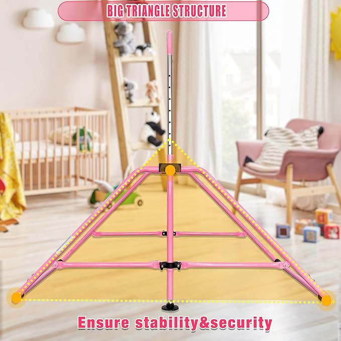 MARFULA Foldable Gymnastic Bar for Kids Ages 3-9, 9 Height Levels, 200 lbs Weight Capacity, 5 Ft Length Gymnastic Kip Bar with Mat, Gymnastic Equipment for Home and Gym Center Indoor Outdoor Use