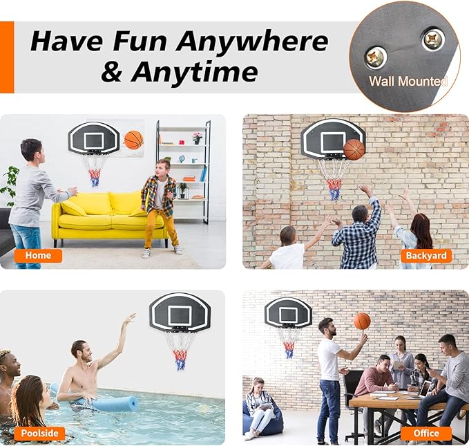 Wall Mounted Basketball Stand 28.5 x 18 Inch Shatterproof Backplate Folding Durable Basket and All-Weather Mesh Construction for Indoor and Outdoor Use