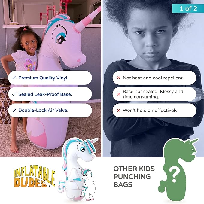 INFLATABLE DUDES Unicorn Toy 47 Inches- Kids Punching Bag| Already Filled with Sand | Bop Bag | Unicorn Ring Toss with 3 Inflatable Rings| | Unicorn Party Decorations| Punching Bag for Kids (Unique)