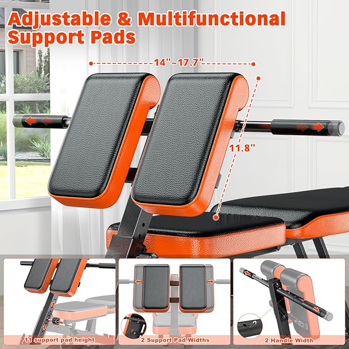 XDDIAS Roman Chair, Adjustable Weight Bench Back Extension Machine for Home Gym, 1000LBS All-in-One Sit Up Bench with Dumbbell Rack, Incline, Decline, and Flat Bench for Hyperextension, Core, Glute