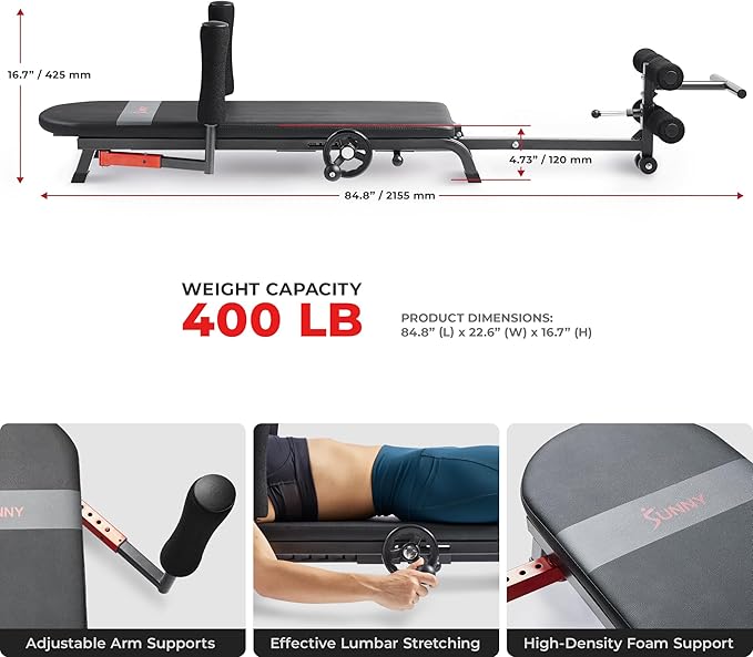 Sunny Health & Fitness Full Body Traction & Stretch Decompression Bench/Table Machine for Lumbar Stretching, Lower Back Pain Relief, Improved Posture Correction, Rehab, Spinal Compression, Flexibility