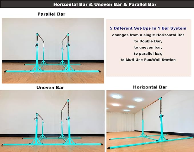 MARFULA Gymnastics Double Horizontal Bars 3Play Parallel Bars Uneven Bars Gymnastics Training Kip Bar with 304 Stainless Steel Regulating Arms & Fiberglass Rail for Indoor Outdoor Home Club Use