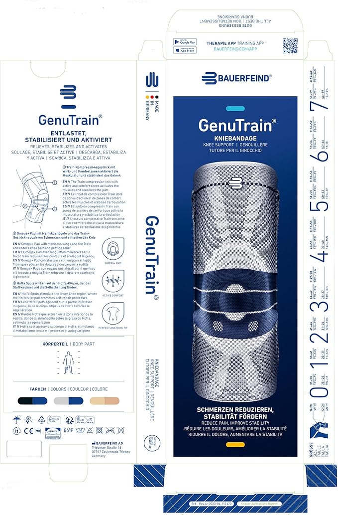 Bauerfeind - GenuTrain - Knee Brace - Targeted Support for Pain Relief and Stabilization of The Knee, Provides Relief of Weak, Swollen, and Injured Knees- Size 1 - Color Titanium
