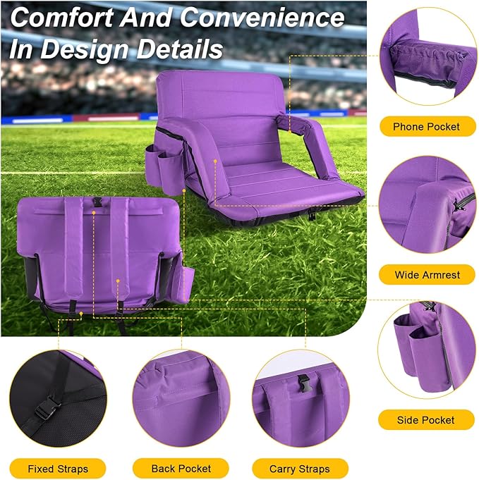Extra Wide Stadium Seats with Back Support, Exclusive Bleacher Chairs with Back and Cushion Folding Stadium Chairs, 6 Reclining Positions Waterproof Bleacher Seats (Extra Wide|25" Purple)