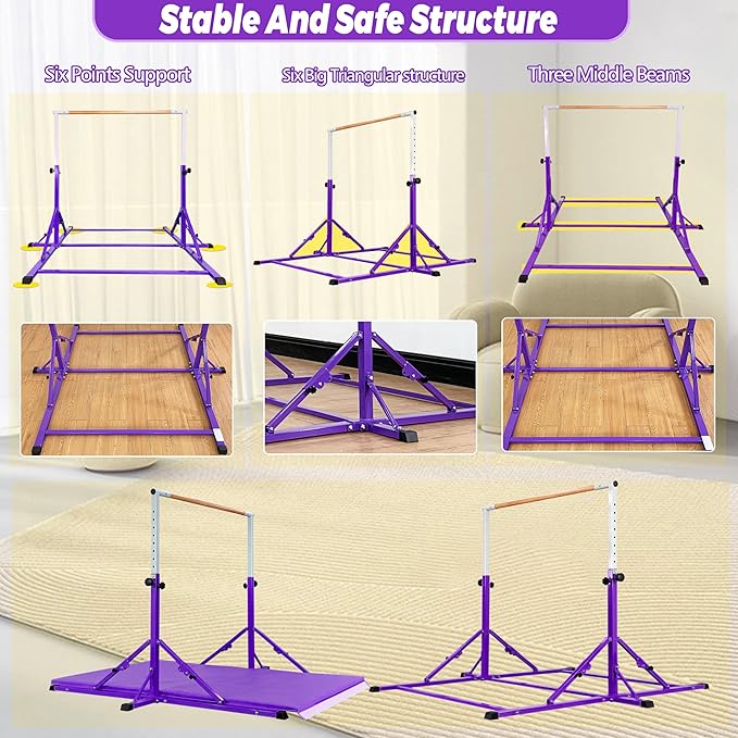 MARFULA Gymnastic Bar for Kid and Teenage Ages 3-25, 5 FT / 8 FT Base Length, 4 FT Width 5 FT Height, Gymnastic Kip Bar Horizontal Bar for Gymnast, Gymnastic Training Equipment for Home and Club Use