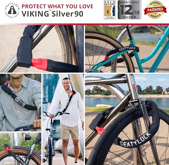Seatylock Viking Bike Chain Lock with Key - Magnetic Patented Sold Secure Silver Rated - Heavy Duty Anti Theft - Smart Ultra Security Bicycle Lock (35.5 Inch)