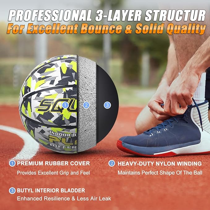 SQUAD Colored Camo Outdoor Basketball - High-Performance Rubber Basketball, Official Regulation Size 7 (29.5''), Includes Pump and Mesh Bag