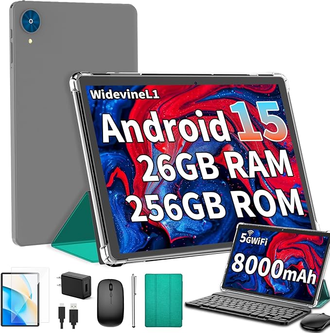 Android 15 Tablet with Keyboard, 26GB+256GB(2TB Expand), 10.1 Inch Tablet 8000 mAh Battery, BT 5.0, 5G WiFi, Widevine L1, Dual Camera, 2 in 1 Tab with Mouse, Case, Stylus(Green Case)