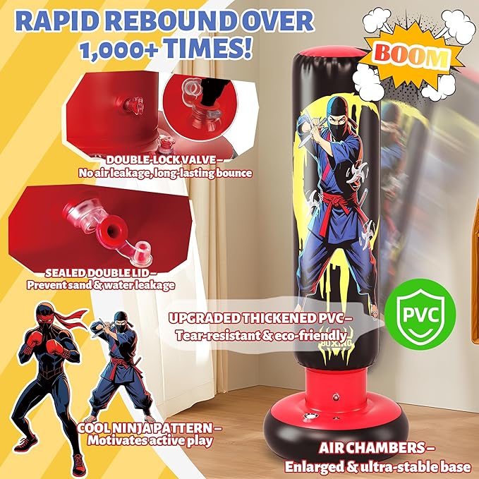 66-Inch Inflatable Kids Punching Bag, Ninja & Hero Double-Sided Boxing Bag for Boys & Girls Ages 3-12, Durable Bounce-Back Karate Training Toy with Gloves, Birthday for Kids Active Play