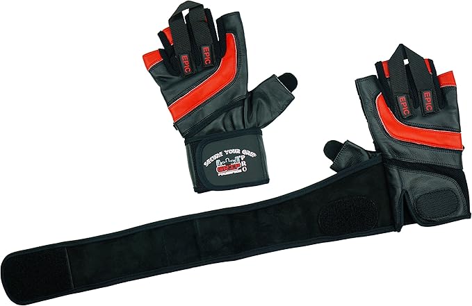 Epic Leather Gym Gloves with Built in 2" Wide Wrist Wraps Grip & Design for Weightlifting Power Lifting Bodybuilding & Strength Training Workout Exercises
