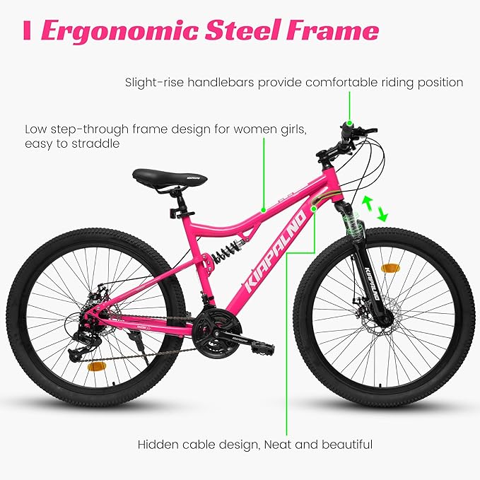 26 Inch Mountain Bike Dual Suspension for Mens Boys, 21 Speeds Steel Women Girls Mountain Bike Summer Travel Trip, Disc Brakes Adult Teens Sport Men Women Bicycle for Trail Commuter City Road
