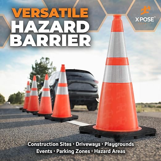 Xpose Safety 28 Inch Orange Traffic Cones with 6" & 4" Collars, 24-Pack - Multipurpose PVC Plastic Safety Cone for Parking, Soccer, Caution, Kids and Construction - DOT Approved