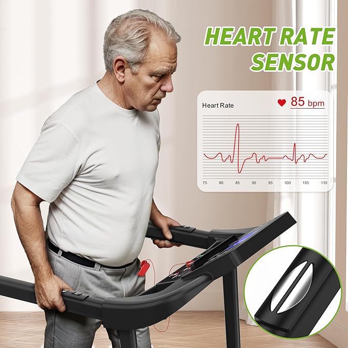 Treadmills for Seniors, Treadmills for Home with Handrails, Dual Shock Absorption, 300 LBS Capacity, Heart Rate Monitor, Bluetooth App Control, Ideal Treadmill for Elderly & Family Use