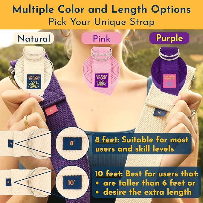 Adaptive Yoga Strap, Stretching Strap, 2 Inches Wide, 100% Naturally Soft Cotton, Steel D-Rings, Includes Natural Cotton Drawstring Storage Pouch and Instructional E-Book