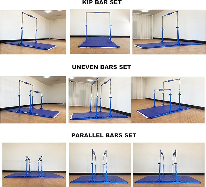 MARFULA Gymnastics Double Horizontal Bars 3Play Parallel Bars Uneven Bars Gymnastics Training Kip Bar with 304 Stainless Steel Regulating Arms & Fiberglass Rail for Indoor Outdoor Home Club Use