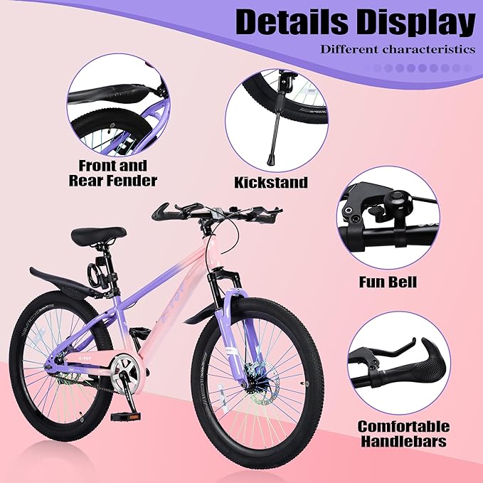 20/24 Inch Mountain Bike for Kids, Girls Boys Bikes Ages 8-12, Single Speed Mountain Bicycle with Suspension Fork, 20/24 Inch Bike Boys Girls Bicycles with Front and Rear Disc Brakes