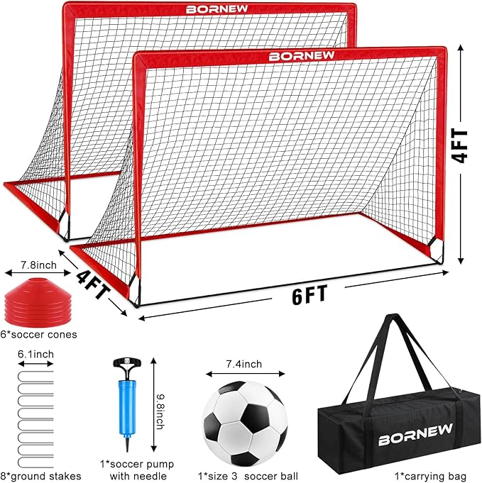 Kids Soccer Goal for Backyard Set - 2 Set of 6X4 / 4X3 ft Toddler Soccer Nets Training Equipment, Soccer Ball, Pop Up Portable Soccer Set for Kids and Youth Games and Training Goals Ages 3-16 Gift