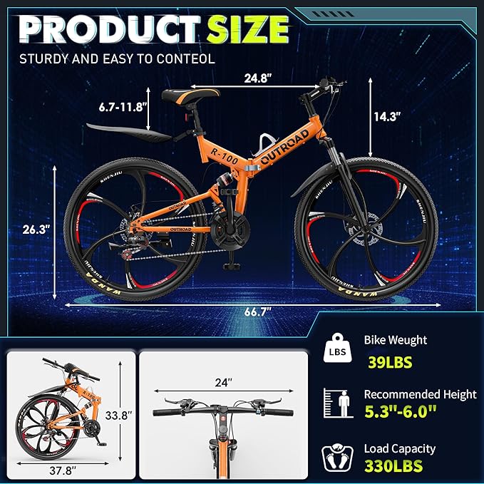 26 inch Folding Mountain Bike, Carbon Steel Frame and 21 Speed, Double Disc Brake and Dual Suspension Folding Bike for Adults/Men/Women, Easy Assembly Bicycle(Black/Green/Orange)
