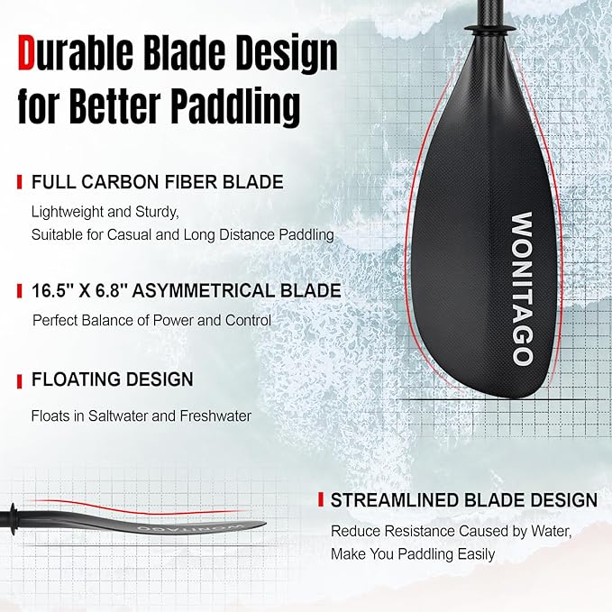 Full Carbon Fiber Kayak Paddle with Large Paddle Blade, 2-Piece, Floating Adjustable Kayak Paddles with Paddle Bag, 215-225 cm/85-89 Inches