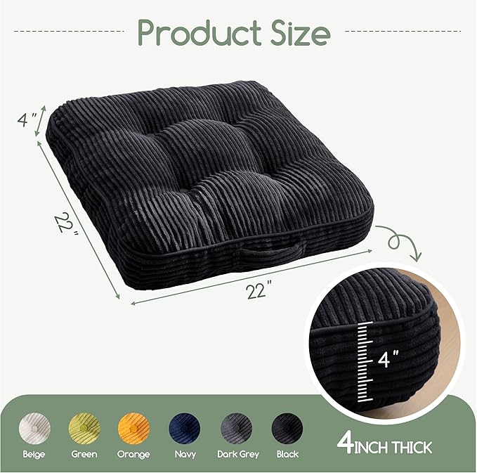HIGOGOGO Washable Floor Pillow Cushion for Adults, Meditation Cushion Pillow, Large Square Floor Sitting, Removable Tufted Corduroy Cover, for Tatami Living Room or Yoga, 22x22 Inch, Machine Washable