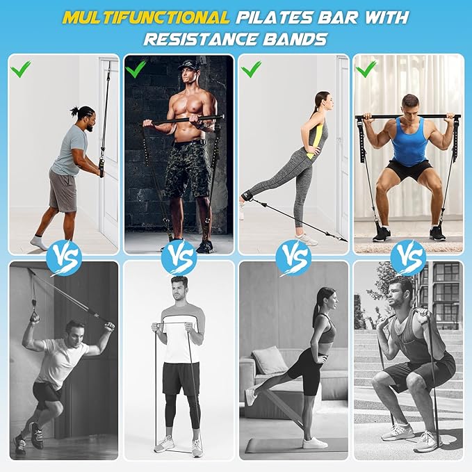 Pilates Bar Kit with Resistance Bands, Multifunctional Yoga Pilates Bar with Heavy-Duty Metal Adjustment Buckle, Portable Home Gym Pilates Resistance Bar Kit for Women Full Body Workouts