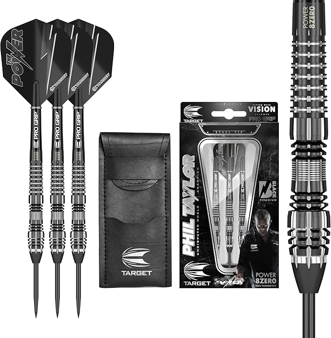 TARGET Darts Phil Taylor Power 8-Zero 4 Black Steel Tip Darts, 80% Tungsten Dart Set, P8Z4, 21G | Player Edition Darts with Fixed Points | Black Darts Case Included