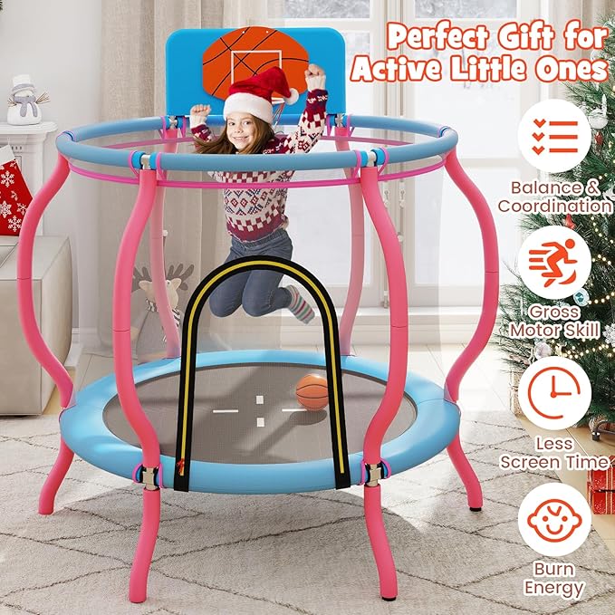 Goplus 48" Kids Trampoline, Indoor & Outdoor Toddler Trampoline with Basketball Hoop, Wide Backboard & Tall Enclosure Net, Kids Activity Center for Boys Girls 3-6, Max Load 330 lbs