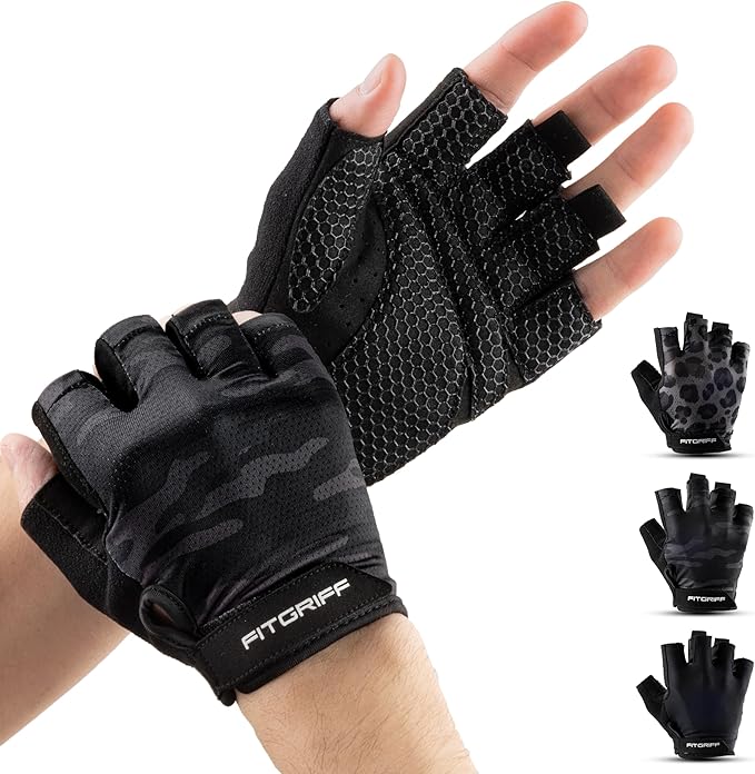 Fitgriff® Workout Gloves (Padded) for Men & Women - Fingerless Gym Gloves for Weight Lifting, Training - Full Palm Protection, Size : 8