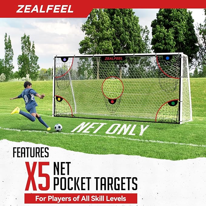 Soccer Target Net, 12x6ft Goal Net with 5 Scoring Zones for Practice Shooting & Goal Shots, Anti-Tear Mesh, 3 Steel Rods, Removable Stick-On Markers, Portable Football Training Equipment