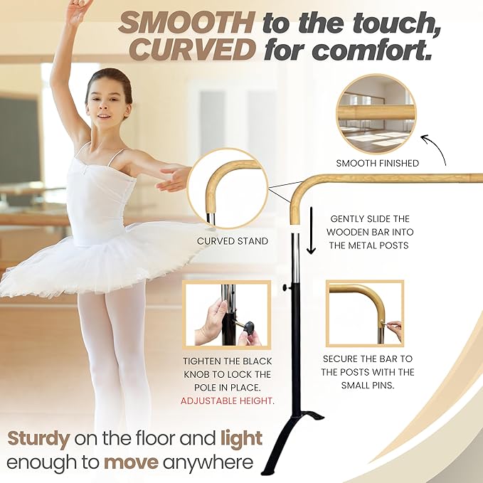 Ballet Barre Portable for Home or Studio, Height Adjustable Bar for Stretch, Pilates, Dance or Active Workouts, Single or Double Bar, Kids and Adults