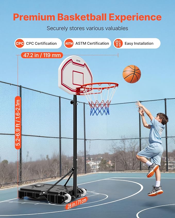 VEVOR Basketball Hoop/Rim, Adjustable Height Portable Backboard Court, Basketball Goal, Mobile Stand with Wheels Weighted Base, Youth&Adults, Outdoor/Indoor