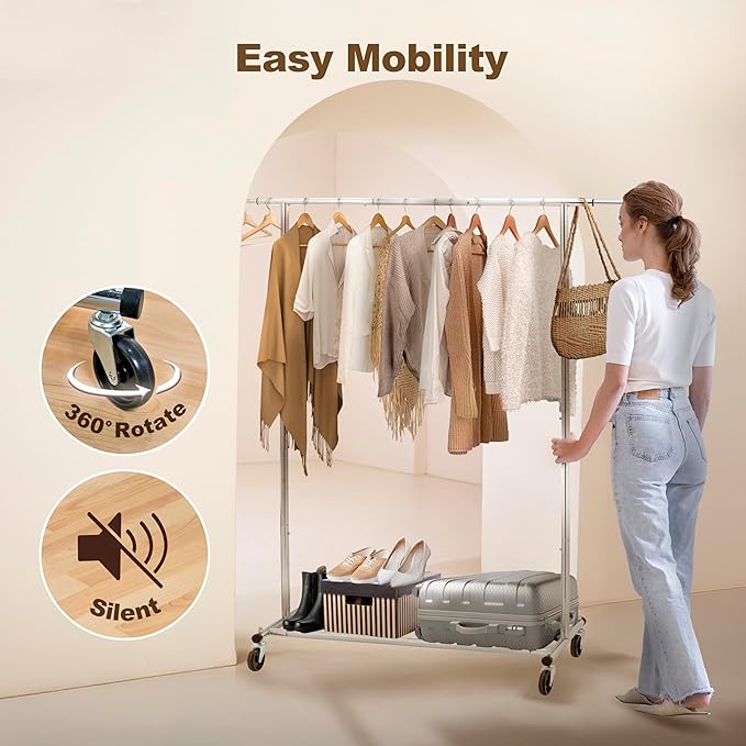 ikloo Heavy Duty Clothes Rack with Wheels load 130 LBS, Metal Rolling Clothing Rack with Extendable Rod & Bottom Shelf, Portable Closet Organizer, Storage for Hanging Clothes, Chrome